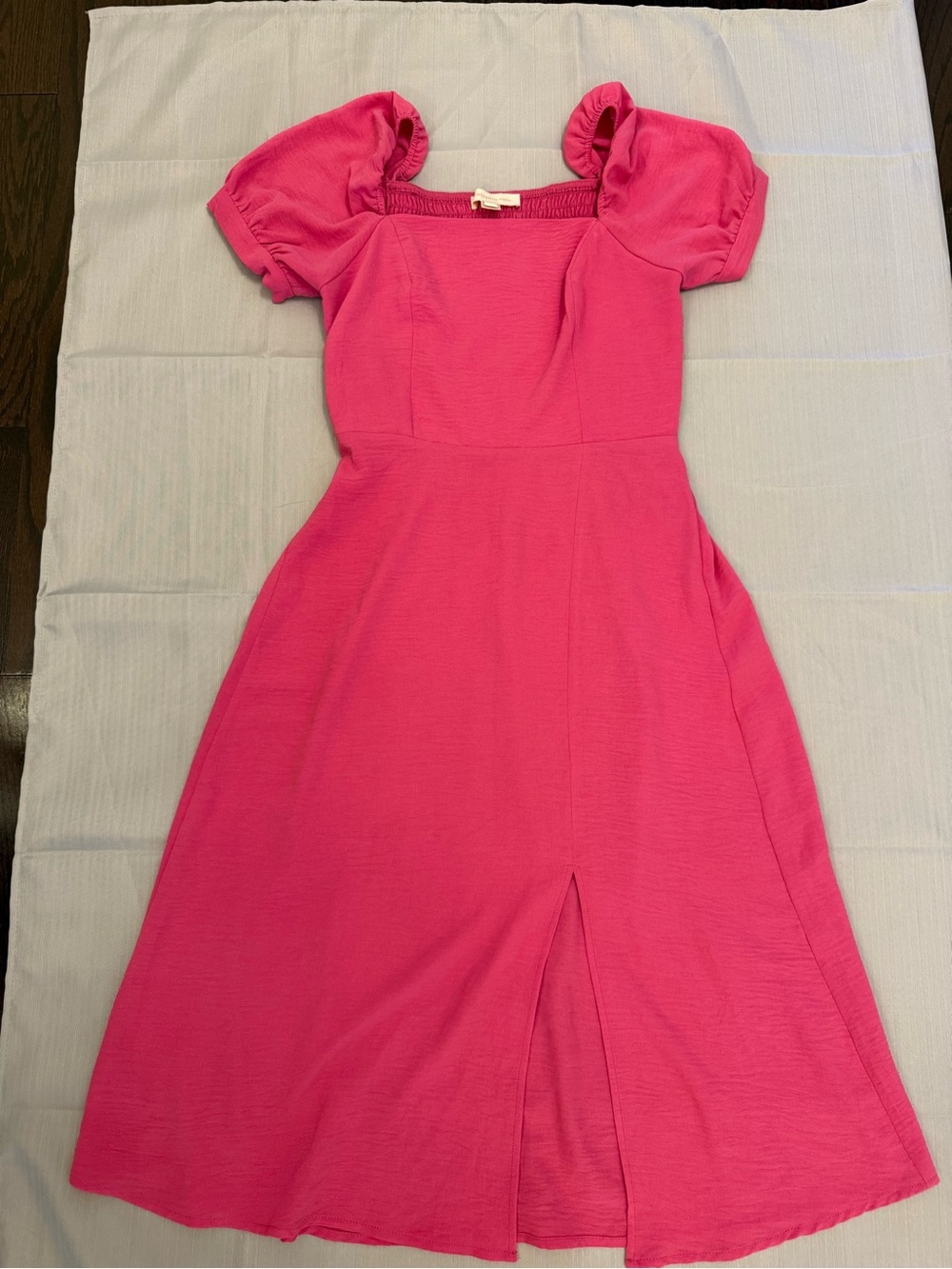 Monteau Hot Pink Puff-Sleeve Midi Dress with Front Slit